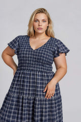 Curvy Navy Plaid V-Neck Smocked Midi Dress