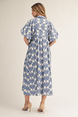 Blue and Ivory Print Midi Dress