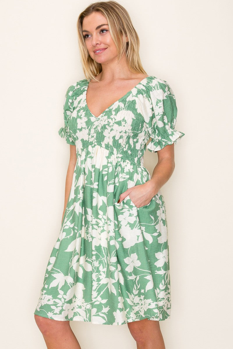 Sage V-Neck Smocked Dress with Puff Sleeve