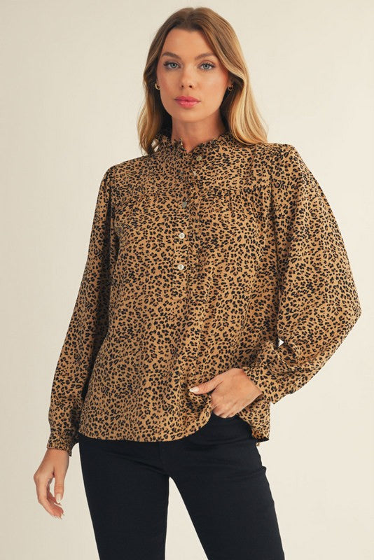 Leopard Long Sleeve Shirt With Ruffle Detail