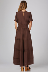 Brown Short Sleeve Surplice Maxi Dress