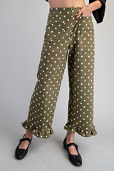 Olive Polka Dot Ruffle Hem Pants