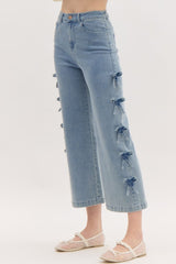 High Waisted Cropped Jeans with Side Bows