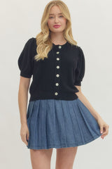 Short Sleeve Puff Button Front Cardigan