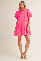 Hot Pink Short Puff Sleeve 3D Floral Dress