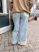 Chambray Floral Patchwork Pants With Lace & Stud Details