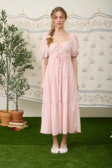 Pink Swiss Dot Shirred Waist Tiered Midi Dress