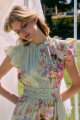 Curvy Mint Floral Flutter Sleeve Dress