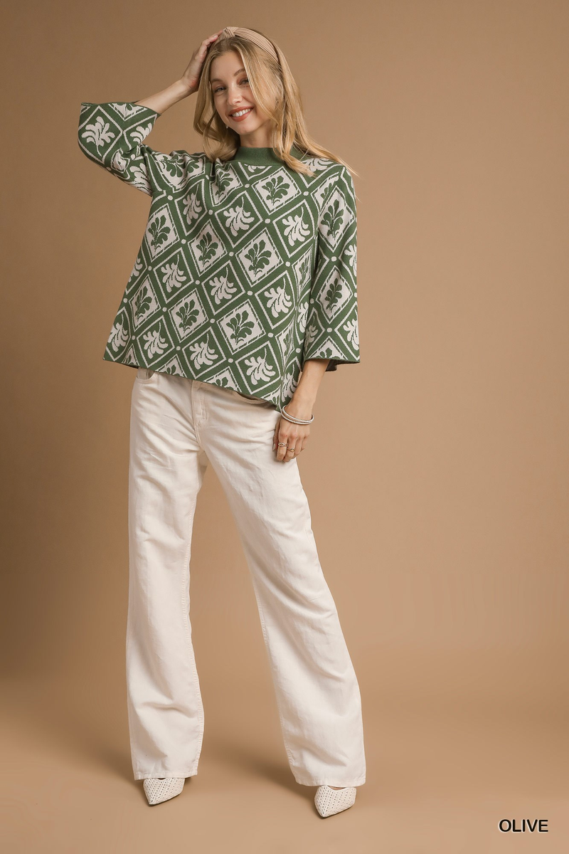 Olive Patterned Mock Neck Sweater