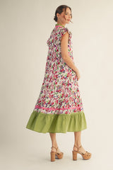 Pink Ruffled Cap Sleeve Floral Dress