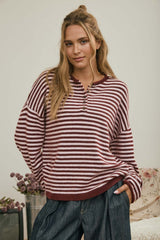 Button Henley Stripe Long Sleeve Sweater
