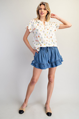 Denim Drawstring Ruffle Tiered Shorts