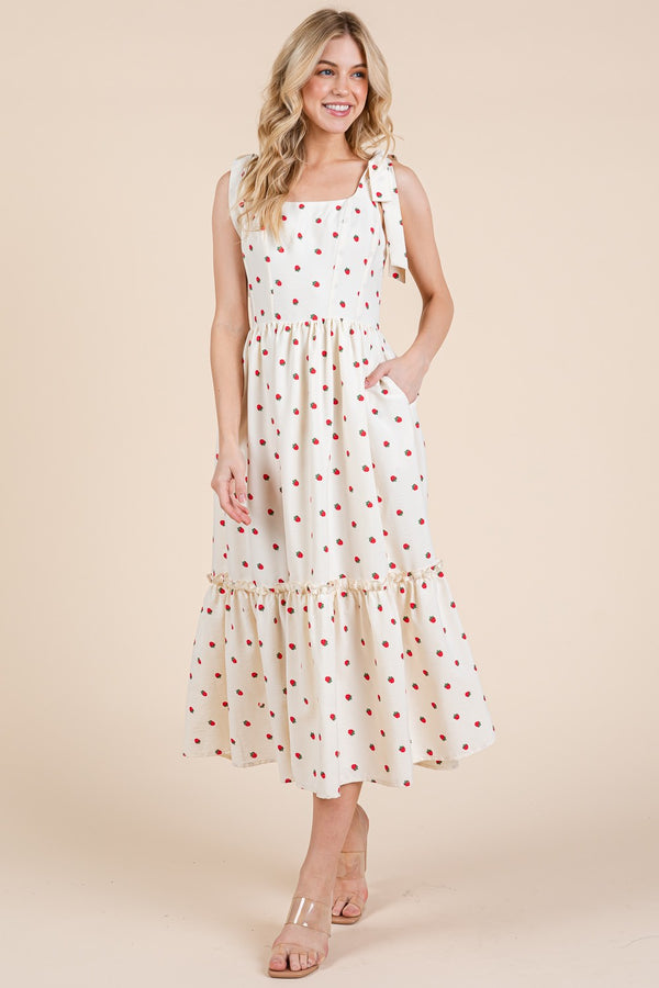 Cream Strawberry Print Ruffle Midi Dress
