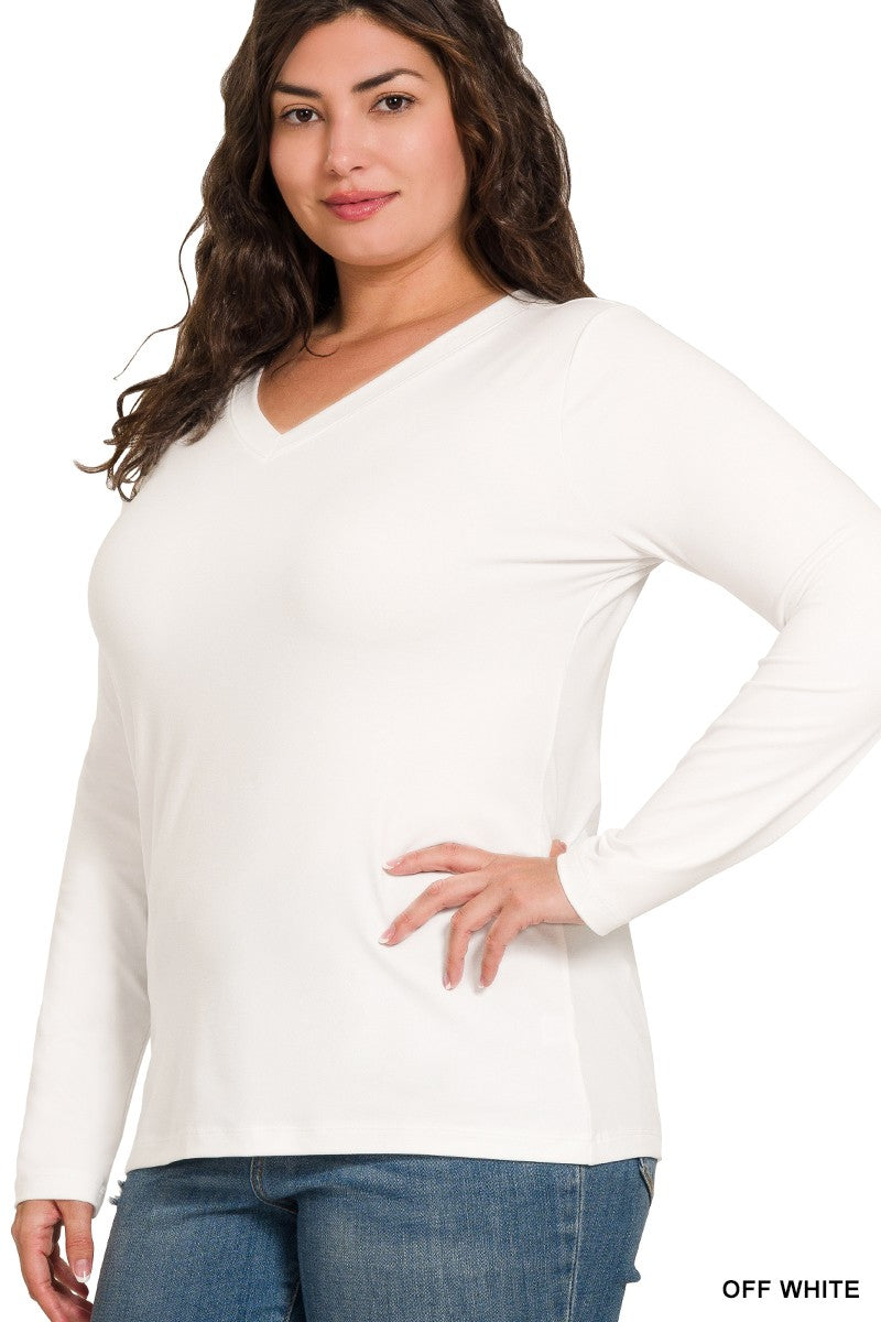 Curvy Brushed Microfiber Long Sleeve V-Neck Tee