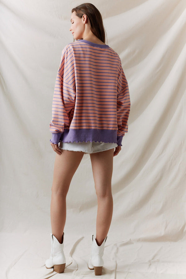 Peach Pin Stripe Terry Top With Lettuce Rib