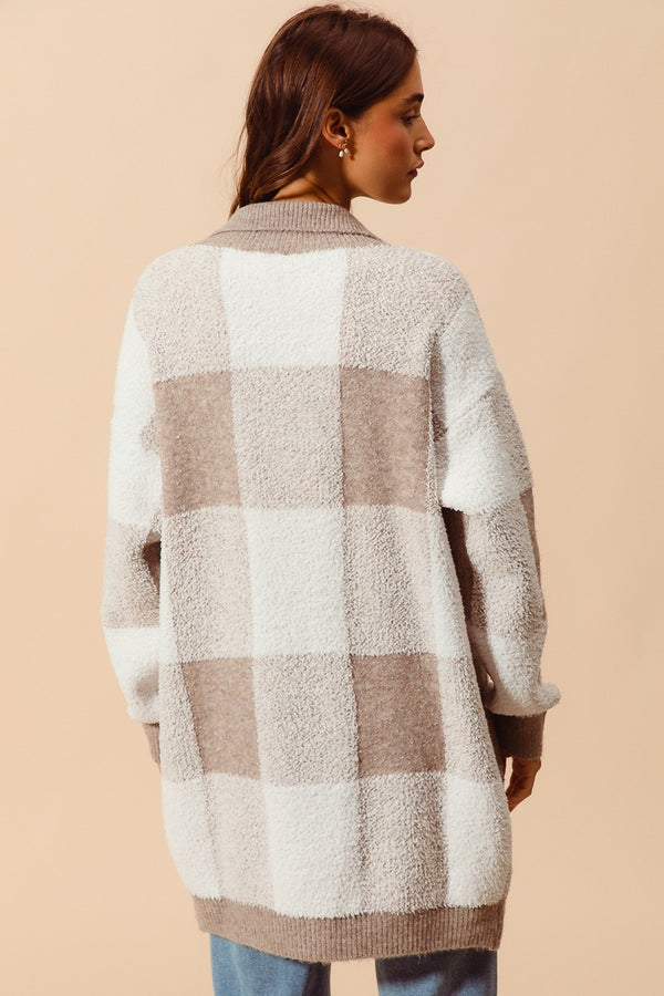 Taupe and Ivory Soft Checkered Cardigan