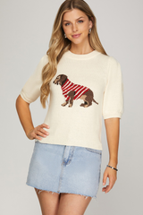Ivory Dachshund Knit Top