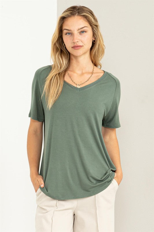 Basic Double Stitched V-Neck Top