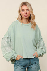 Curvy Light Sage Boho Bubble Sleeve Top