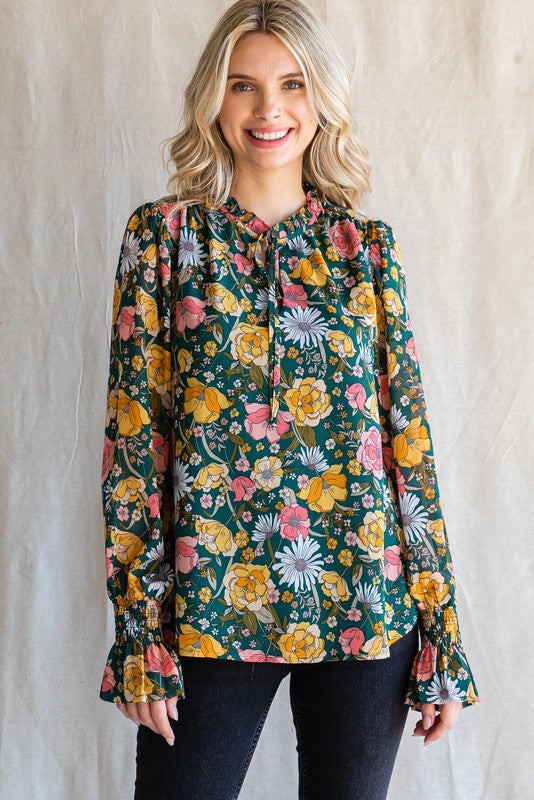 Curvy Hunter Green Flower Pattern Dressy Top