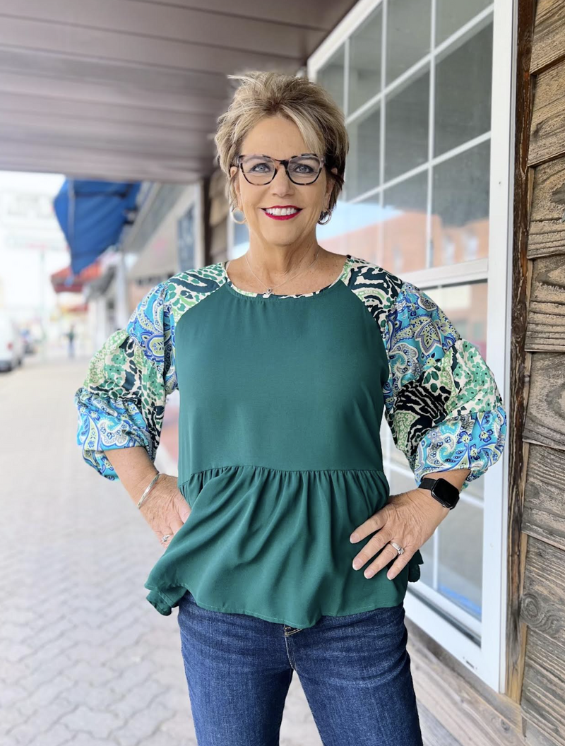 Hunter Green Mixed Print Peplum Top