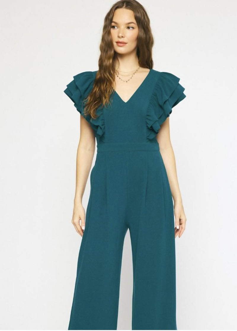 Hunter Green Ruffle Detail Jumpsuit