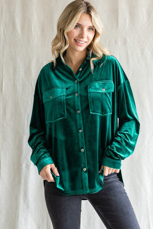 Hunter Green Velvet Button Up