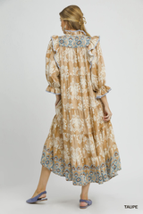 Taupe Damask Tiered Midi Dress With Ruffles