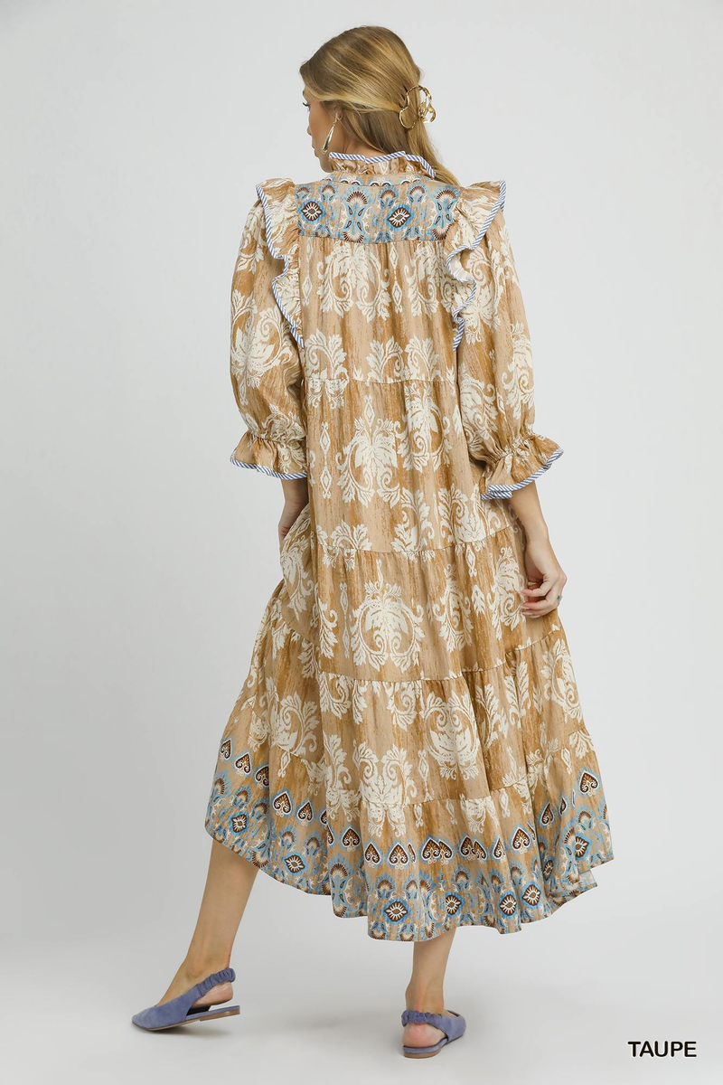 Taupe Damask Tiered Midi Dress With Ruffles