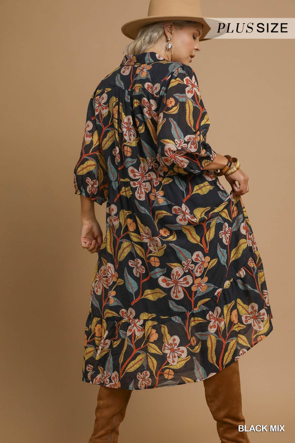 Curvy Black Floral Tiered Midi Dress