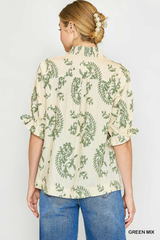 Green Linen V Neck Top