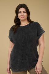 Curvy Washed Knit Short Sleeve Pullover Sweater