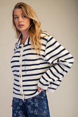 Blue Striped Long Sleeve Button Down Knit Sweater