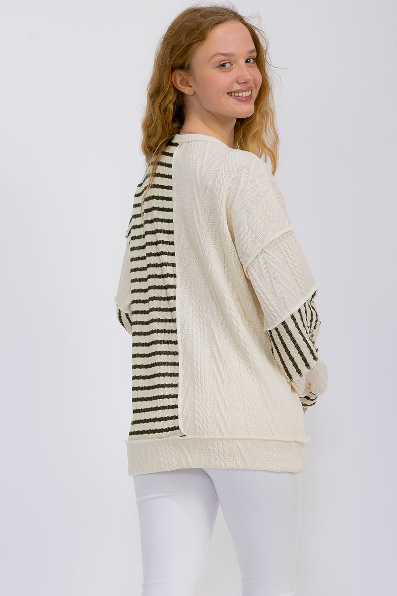 Olive Stripe and Cable Knit Contrast Exposed Seam Top