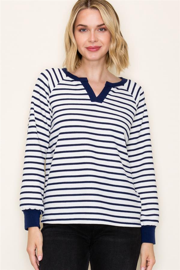Ivory and Navy Striped V Neck Top
