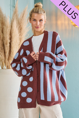 Curvy Brown and Blue Stripe Polka Dot Cardigan
