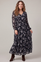 Curvy Black Floral Long Sleeve Maxi Dress