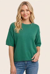 Green Raw Edge Crew Neck Half Sleeve Sweater