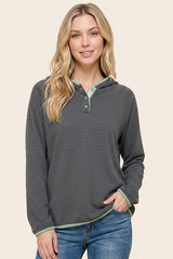 Color Trimmed Button Neck Long Sleeve Top