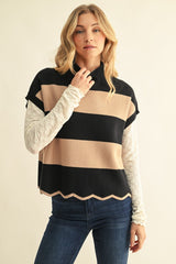 Black/Taupe Scallop Hem Color Block Sweater