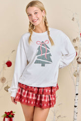 White Holiday Sweatshirt Patchwork Christmas Tree