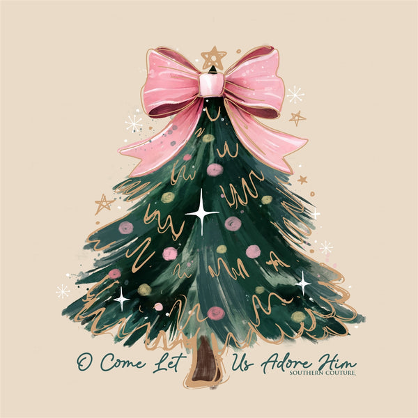 Oh Come Let Us Adore Him Christmas Tree Long Sleeve Tee