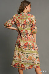 Green Mix Scrunch Sleeve Maxi Dress