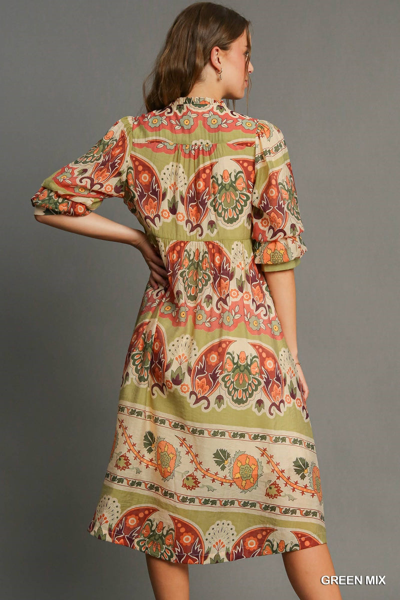 Green Mix Scrunch Sleeve Maxi Dress