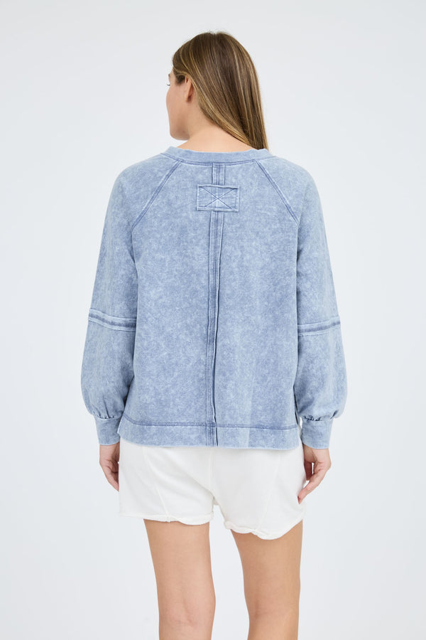 Blue Washed V Neck Raw Seam Long Sleeve Knit