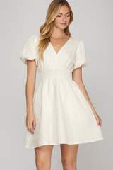 Puff Sleeve V-Neck Jacquard Dress