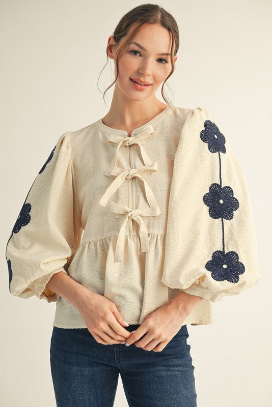 Cream Front Bow Tie Embroidered Peplum Top