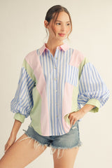 Blue Stripe Mix Button Front Top