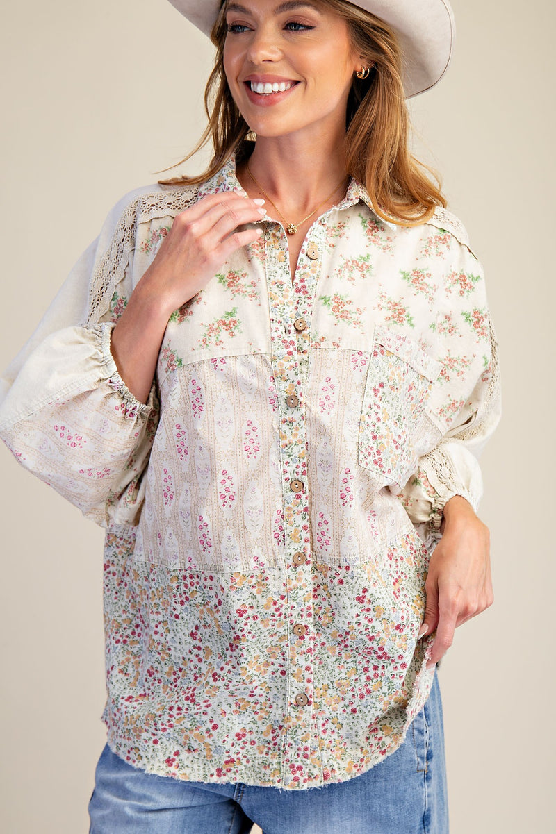 Cream Print Mix Washed Button Down Shirt