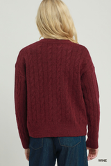 Wine Cable Knit Long Sleeve Cardigan
